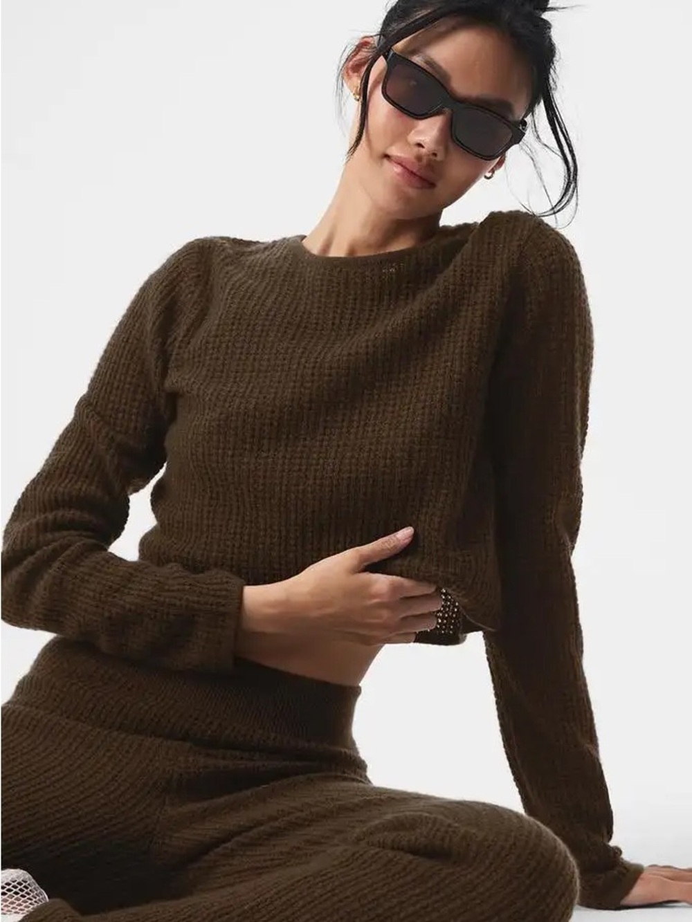 ALO Cashmere Plush Waffle Cropped Long Sleeve — Espresso